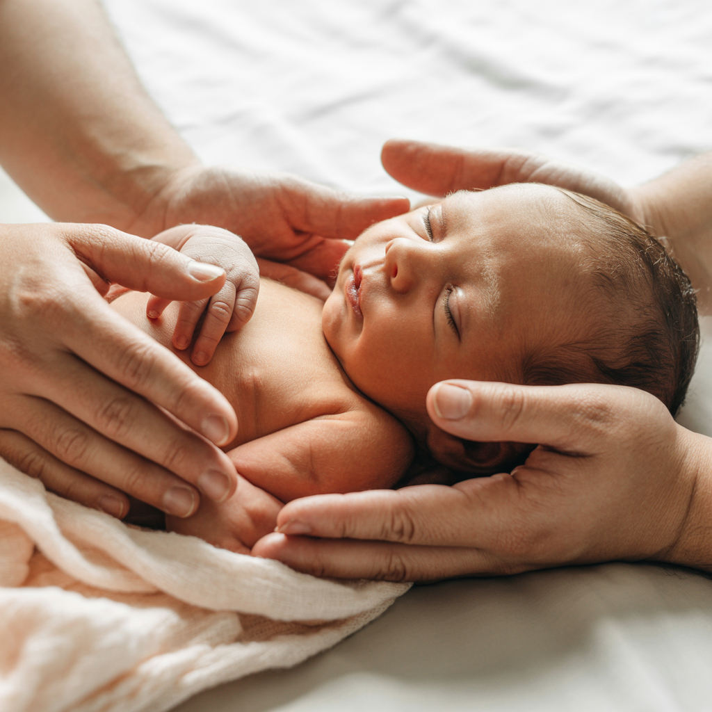 Parent gently holding their newborn baby while choosing a biblical name