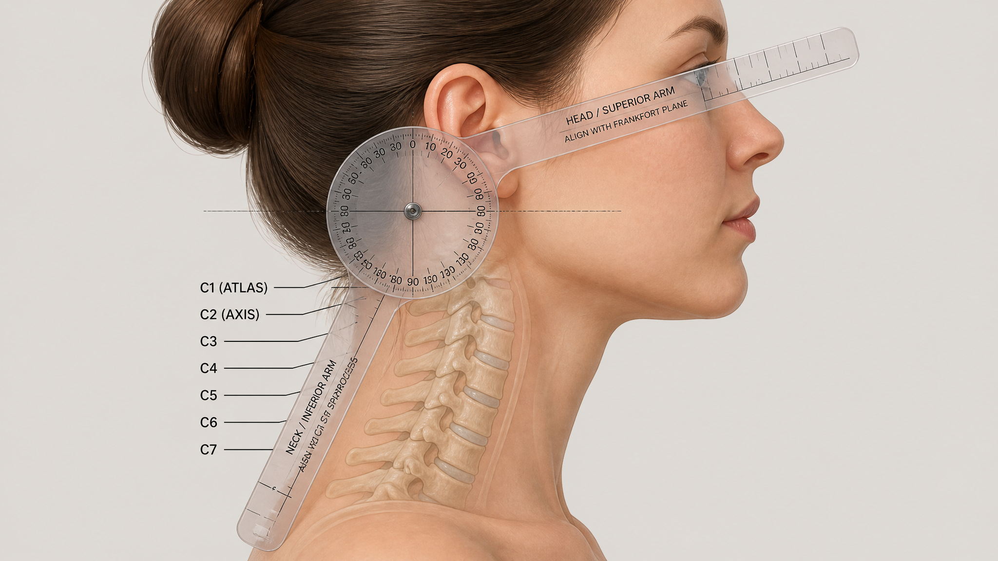 Clinical illustration of a goniometer aligned along the cervical spine to measure neck flexion and extension in degrees