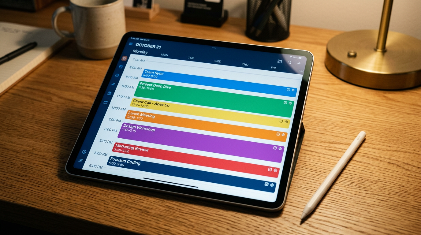 Calendário digital em tablet com blocos de tempo coloridos organizados
