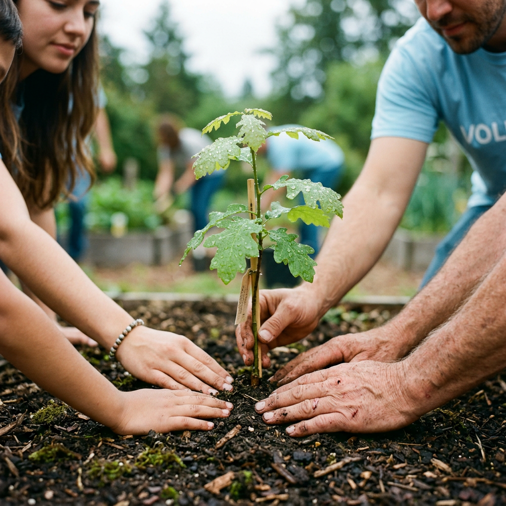 Many hands of different ages nurturing a young sapling with water droplets