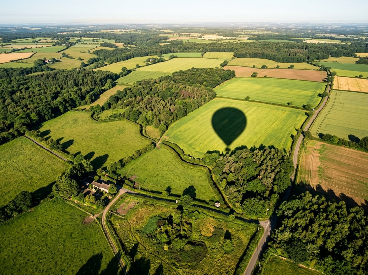 Schatten eines Heißluftballons auf Feldern und Wald