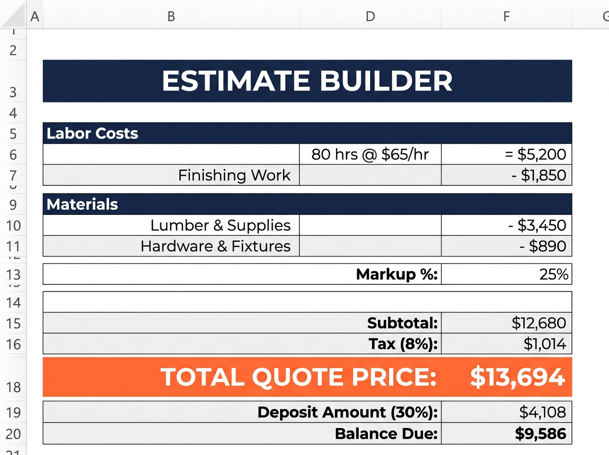 Contractor estimate builder spreadsheet tab showing material costs, labor hours, overhead, and calculated bid price