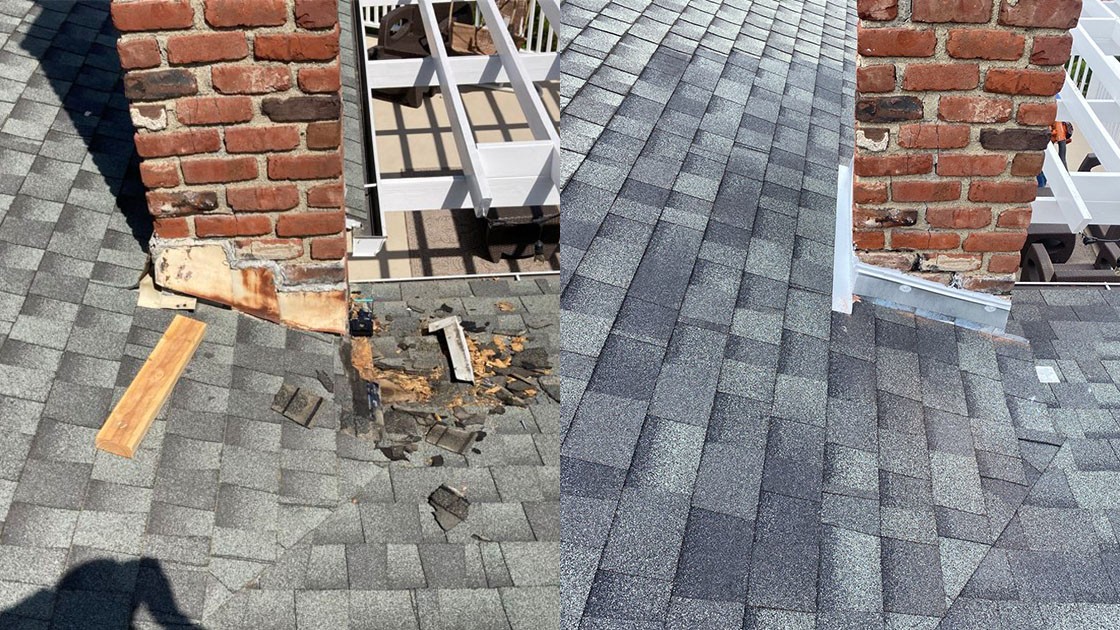 Before and after roof repair project