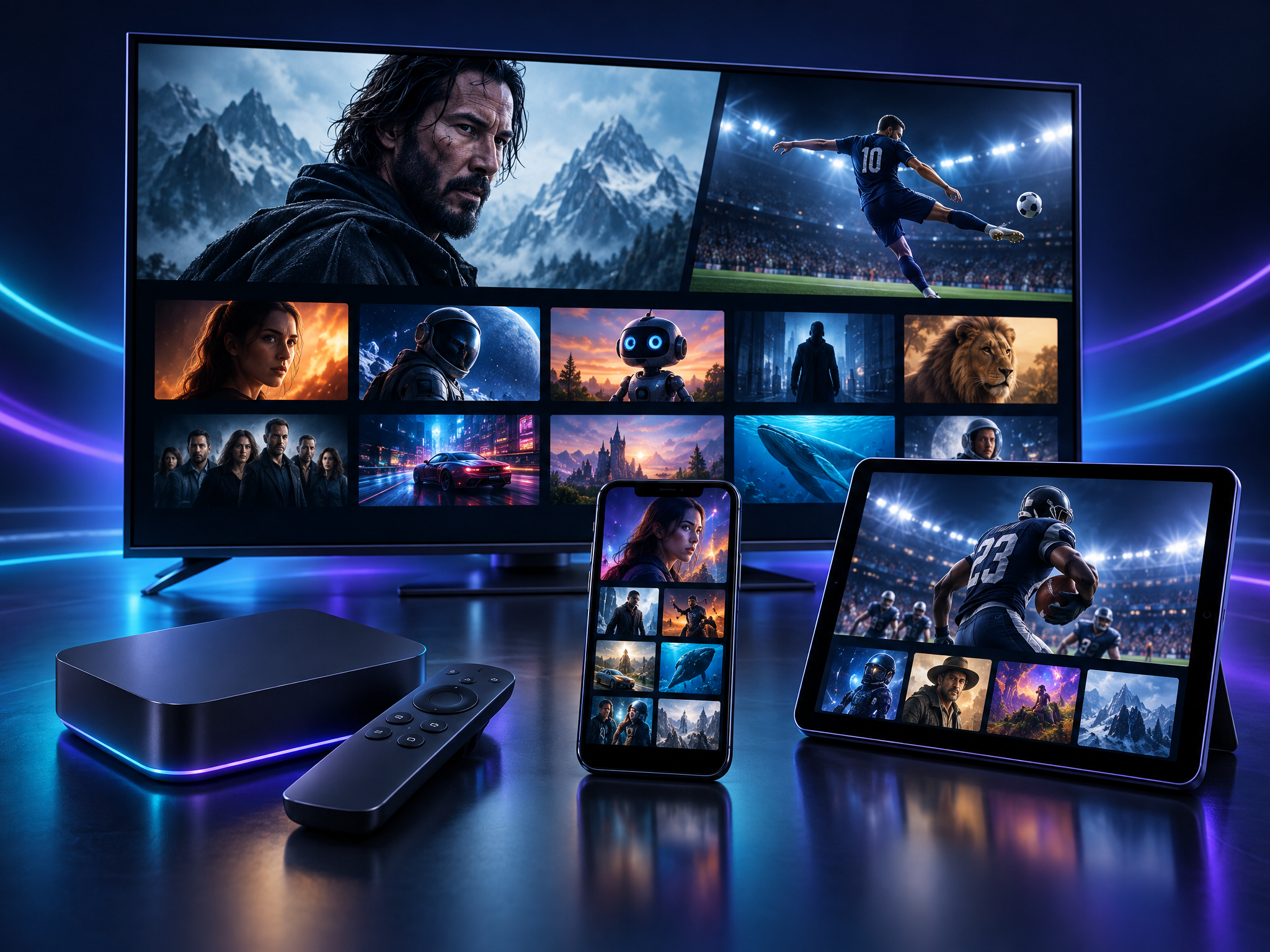 Smart TV, TV Box, celular e tablet exibindo conteúdo IPTV em Full HD para clientes da revenda