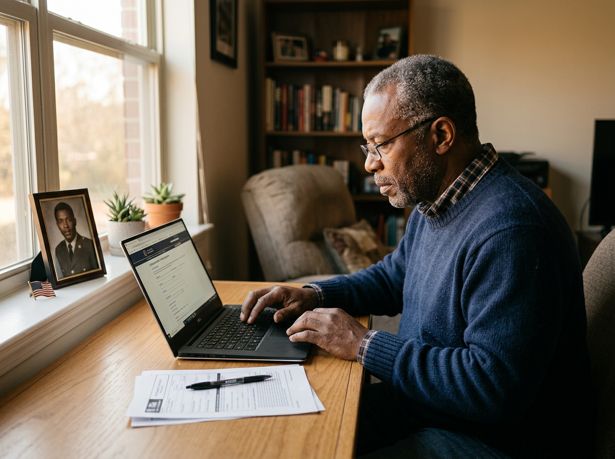 A senior veteran at a desk submitting an Intent to File form, locking in an effective date for a VA claim