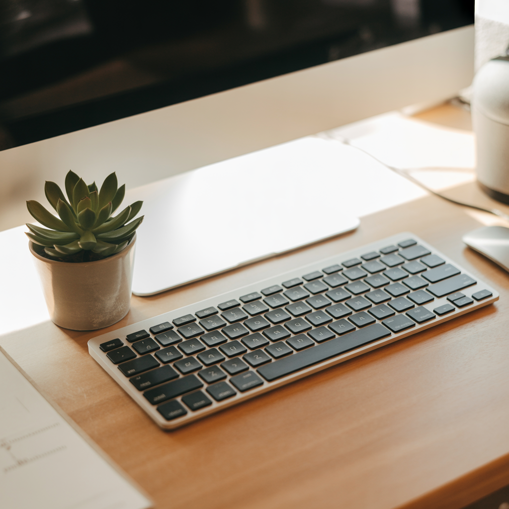 Clavier moderne avec plante verte, espace minimaliste