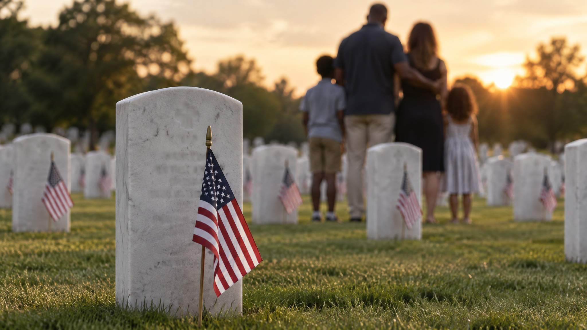 Markers: a government headstone with a small American flag at a national cemetery