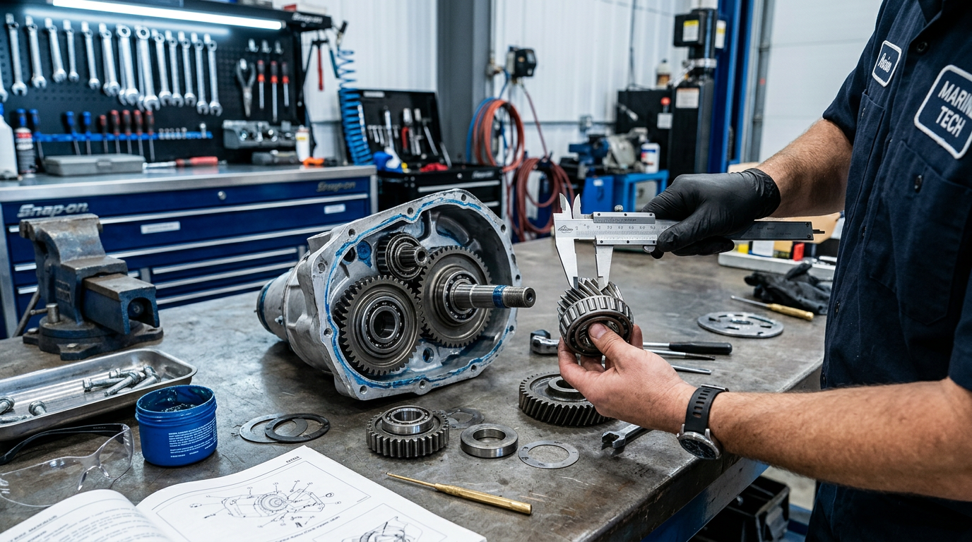 Marine technician measuring gear ratio components of a MerCruiser Alpha One Gen I upper unit gearcase with calipers on a workbench