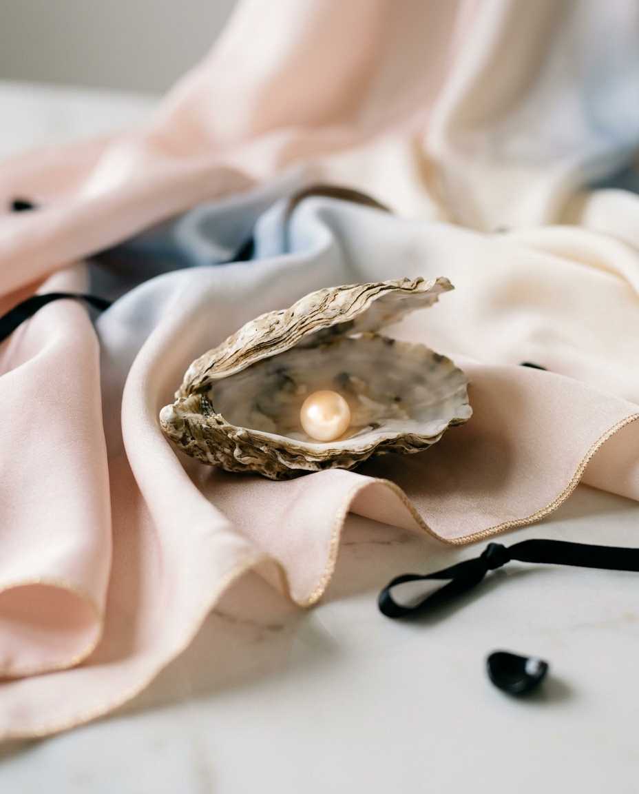 An elegant oyster gently opening to reveal a glowing pearl