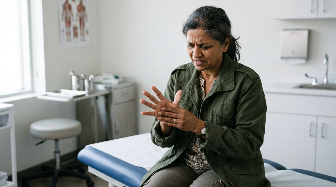A South Asian female veteran shaking out and rubbing the numb thumb and first fingers of one hand, indicating carpal tunnel numbness