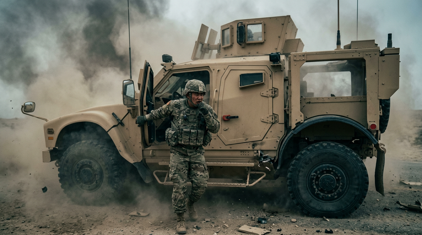 A military vehicle in a blast and rollover scenario with an overpressure shockwave, force transmitting into the trunk