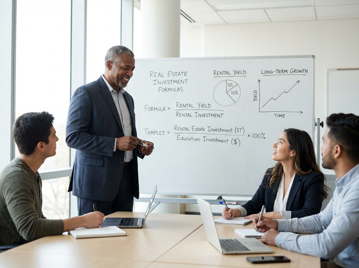 Dr. Boyce Watkins-style financial scholar teaching real estate investing to engaged students