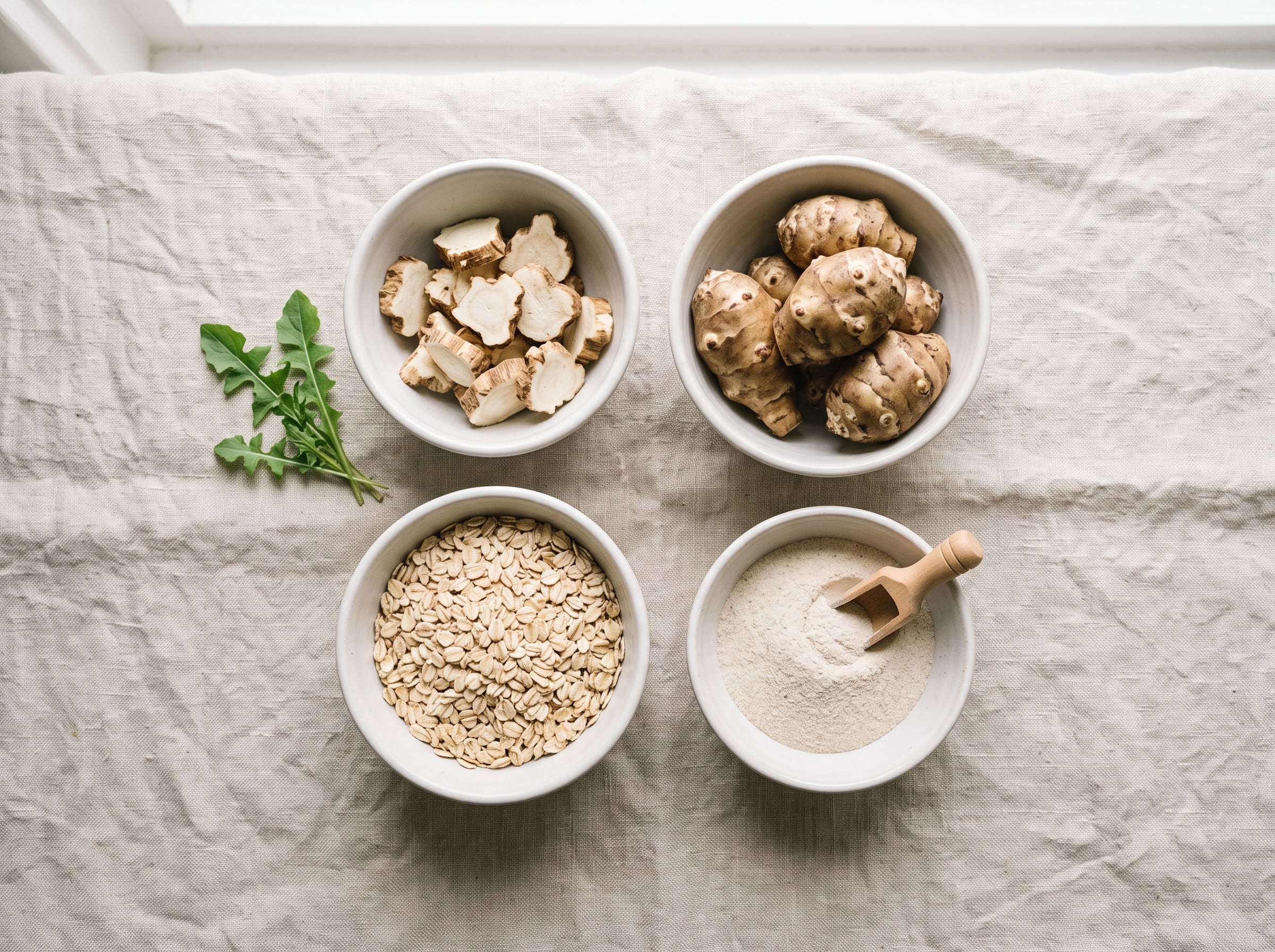 Chicory root, Jerusalem artichoke, oats and fibre powder arranged in bowls on a light surface