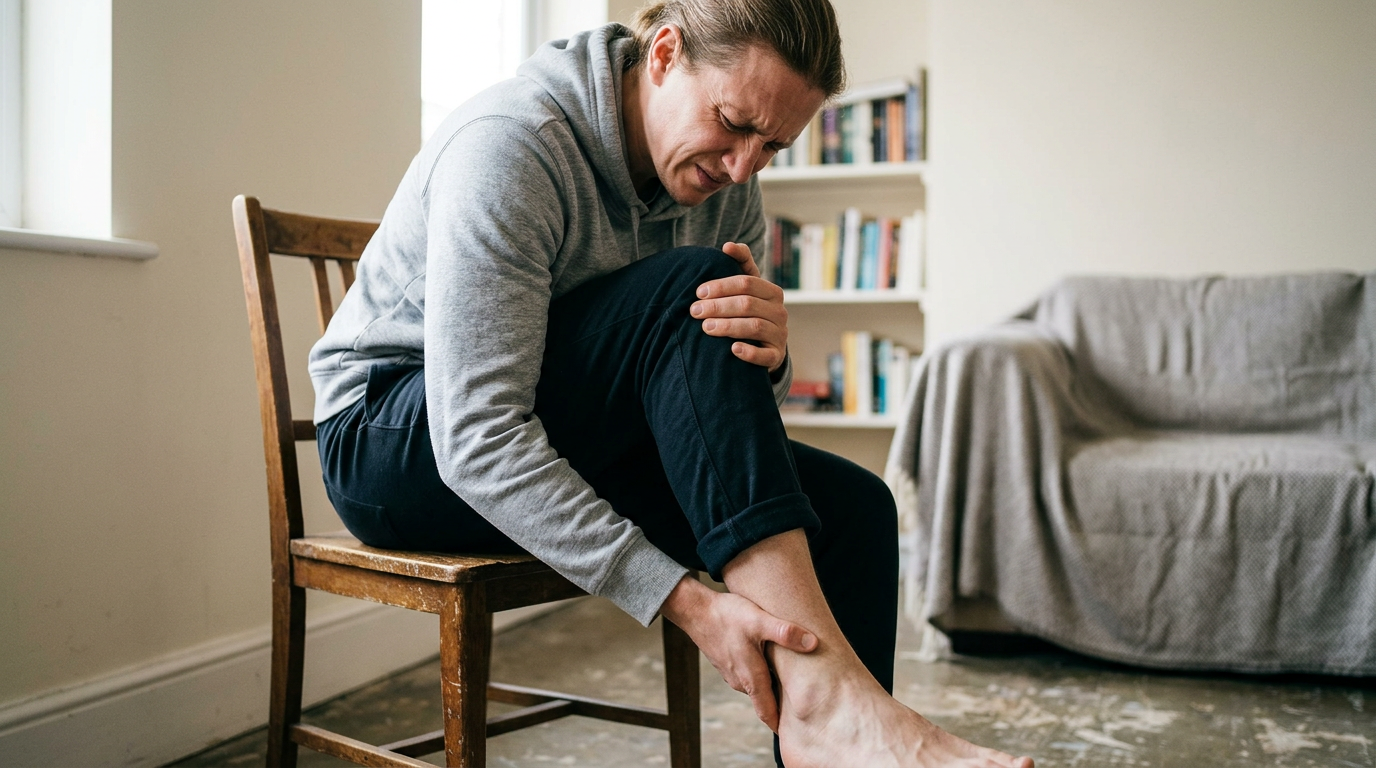 Photograph of a person holding both their ankle and their knee on the same leg, showing pain radiating above and below the shin