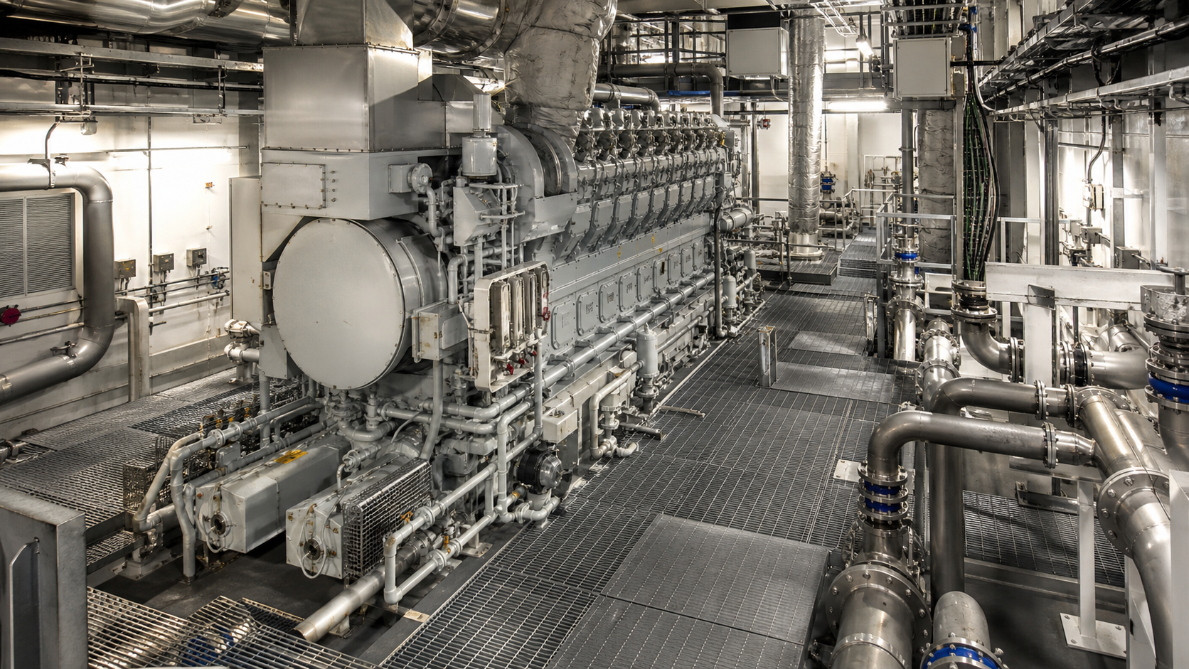 Ship engine room during outfitting phase with marine machinery