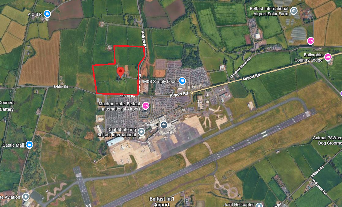 Satellite map showing Terminal View development site boundary adjacent to Belfast International Airport