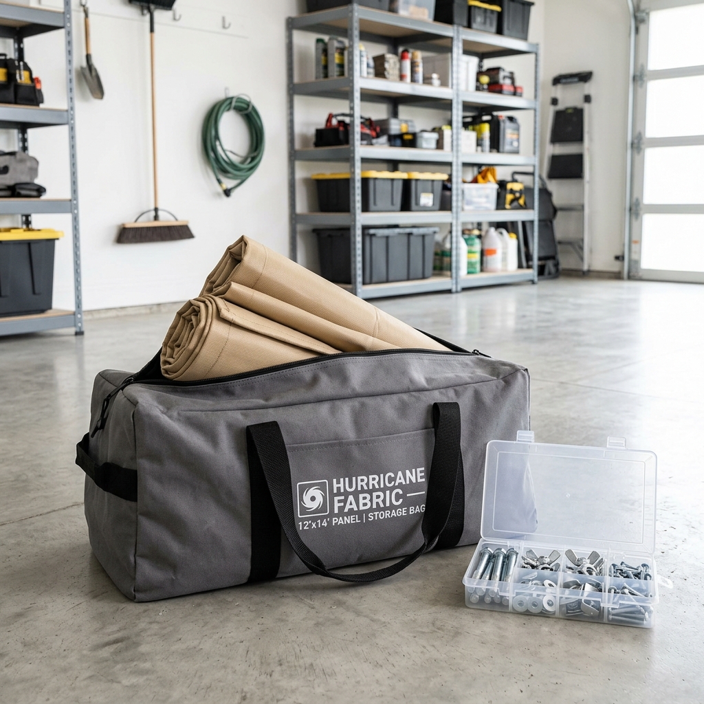 Folded hurricane fabric stored in a labeled duffel bag with hardware kit