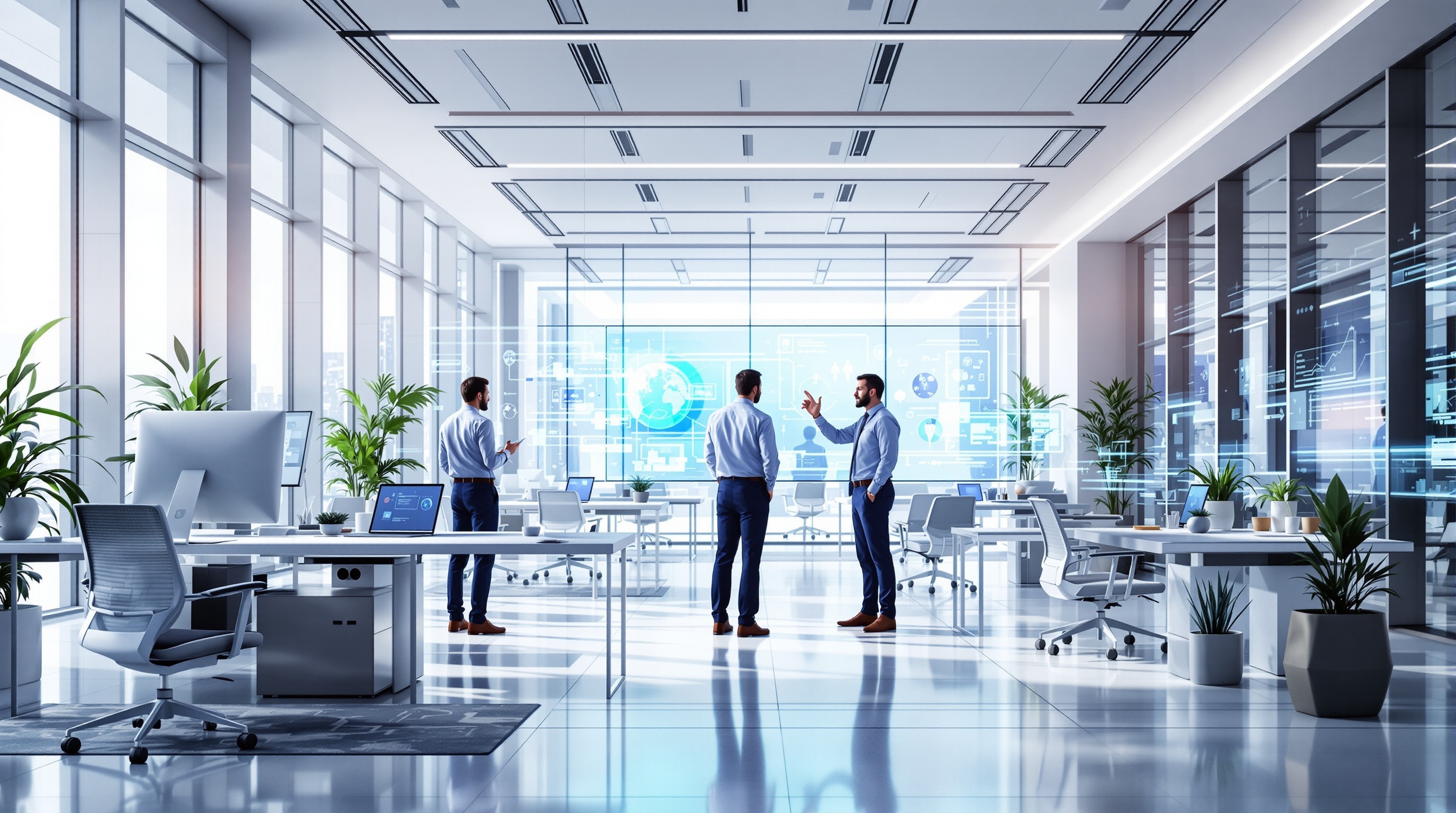 Poslovni tim u modernoj kancelariji diskutuje o digitalnim tehnologijama i veštinama potrebnim za budućnost rada