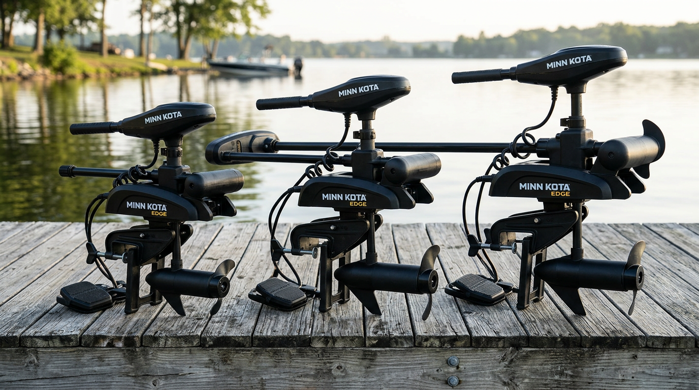 Three Minn Kota Edge trolling motors of different sizes lined up on a dock representing 45, 55 and 70 lb thrust options