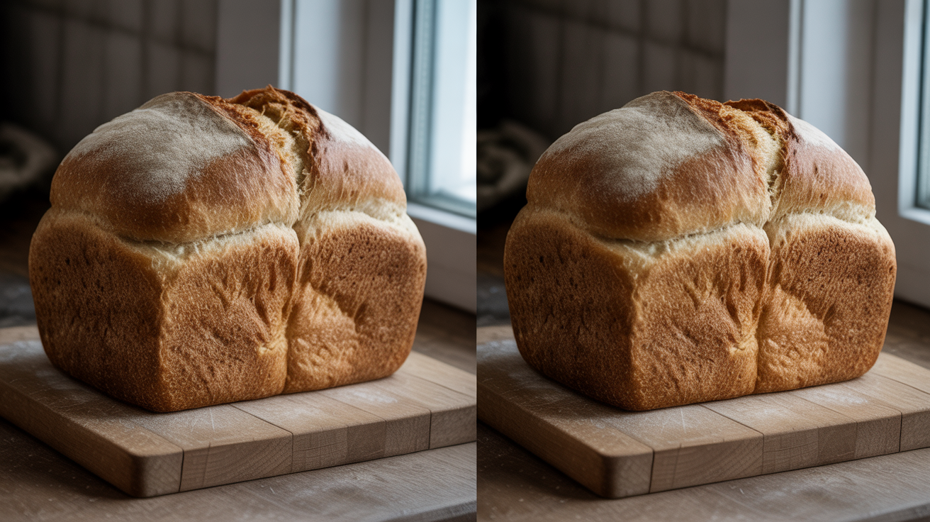 Side-by-side comparison of perfectly risen sourdough loaf versus dense flat loaf