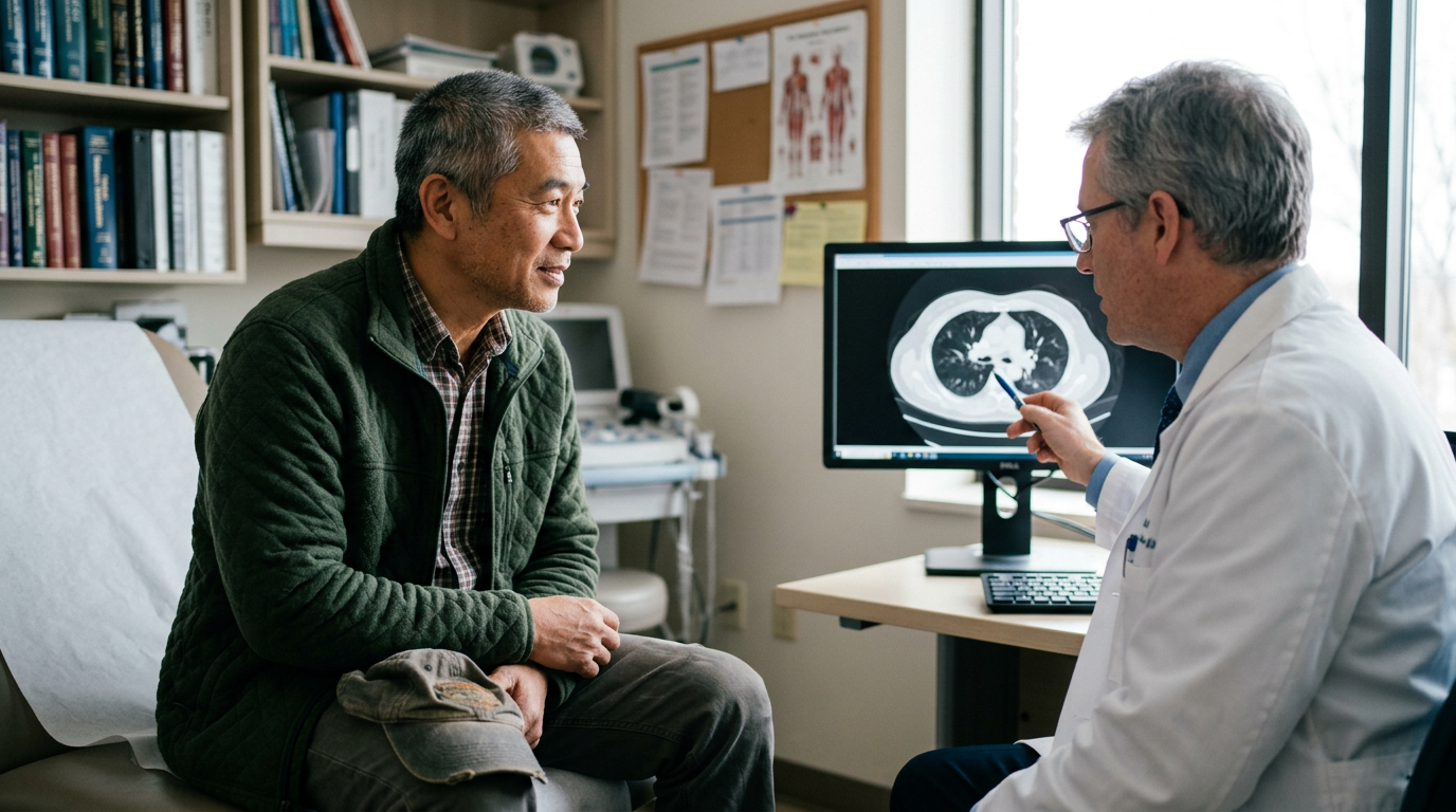 Veteran in a doctor’s office as an oncologist points to a scan on a monitor