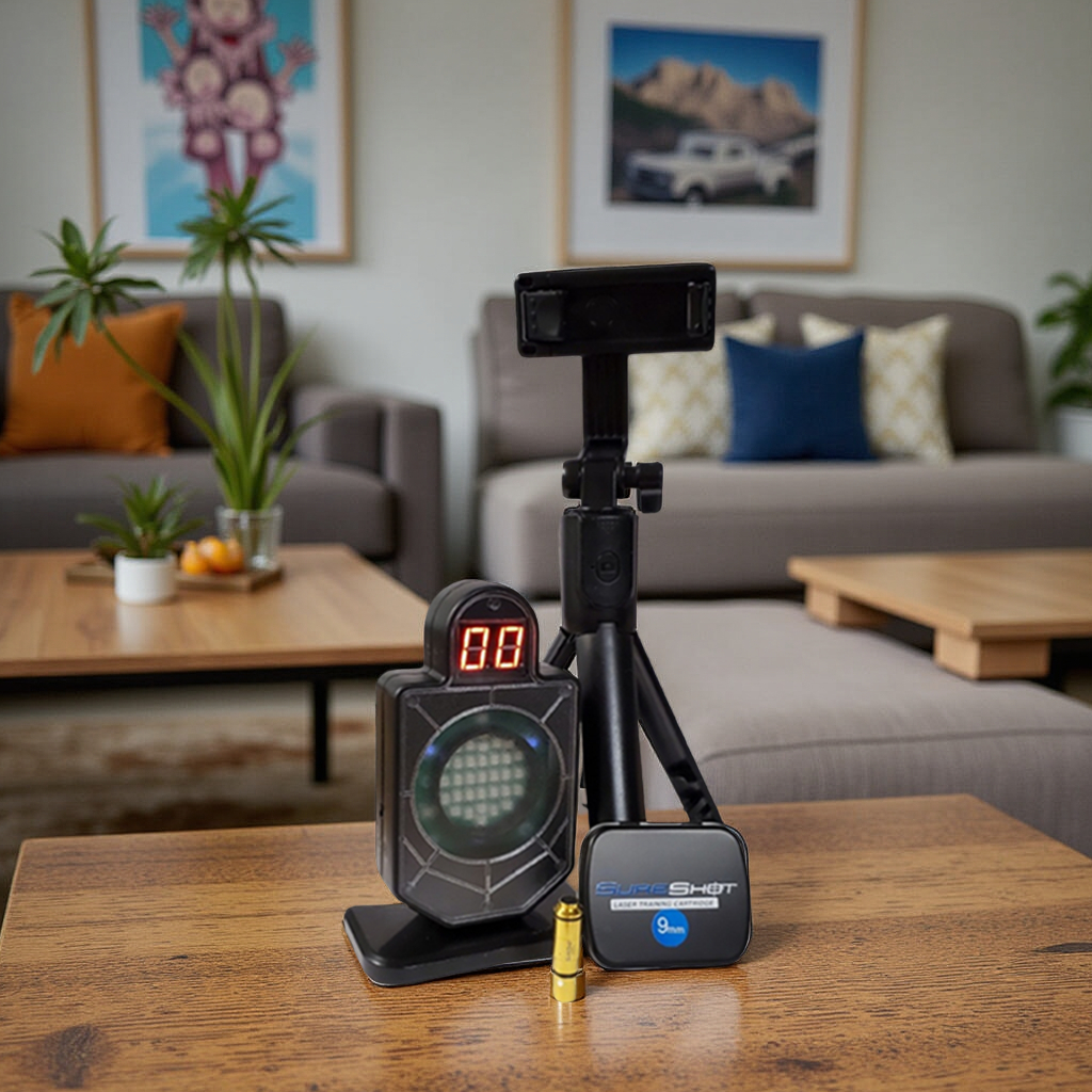 SureShot Deluxe Package set up on a coffee table in a home living room — laser training cartridge, electronic target, and phone tripod mount ready for dry-fire practice