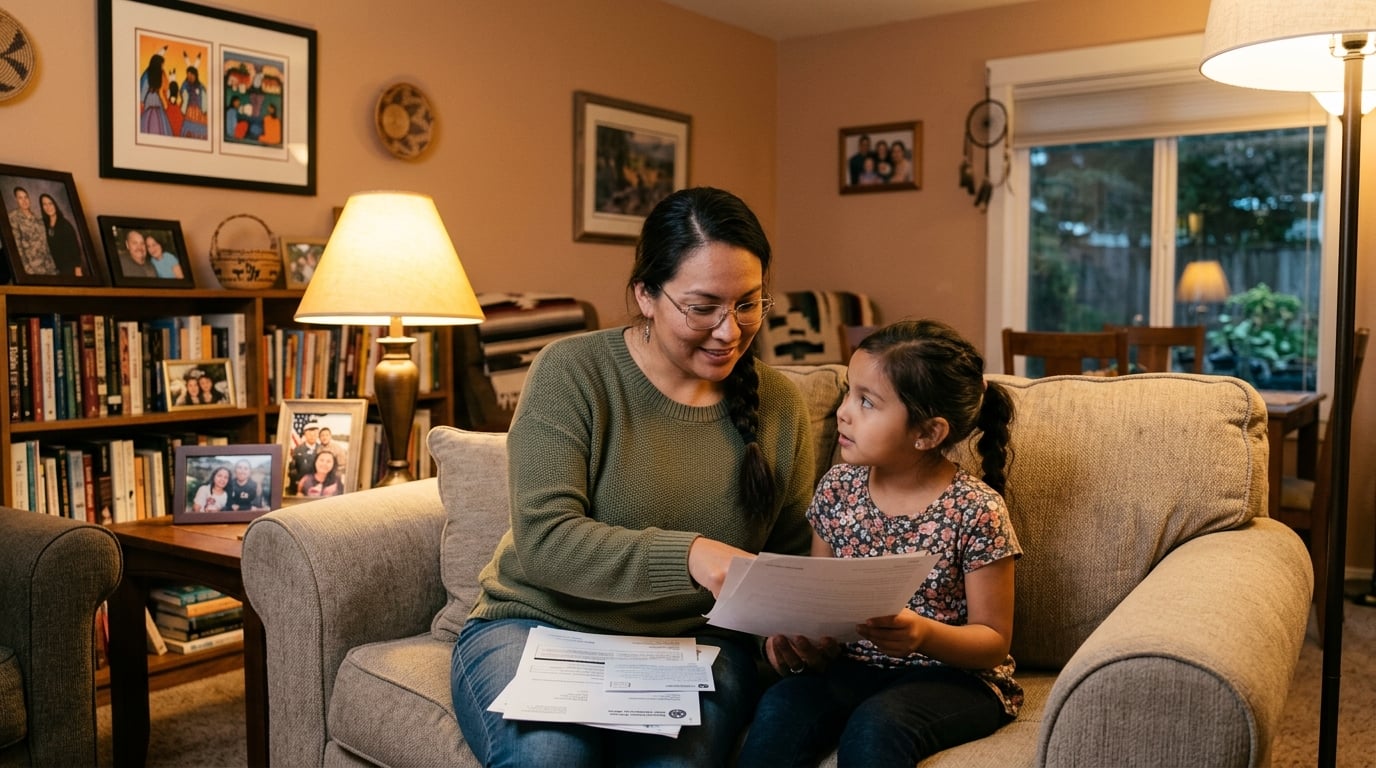 Native American female Army veteran sitting with her young daughter on a couch reviewing insurance documents