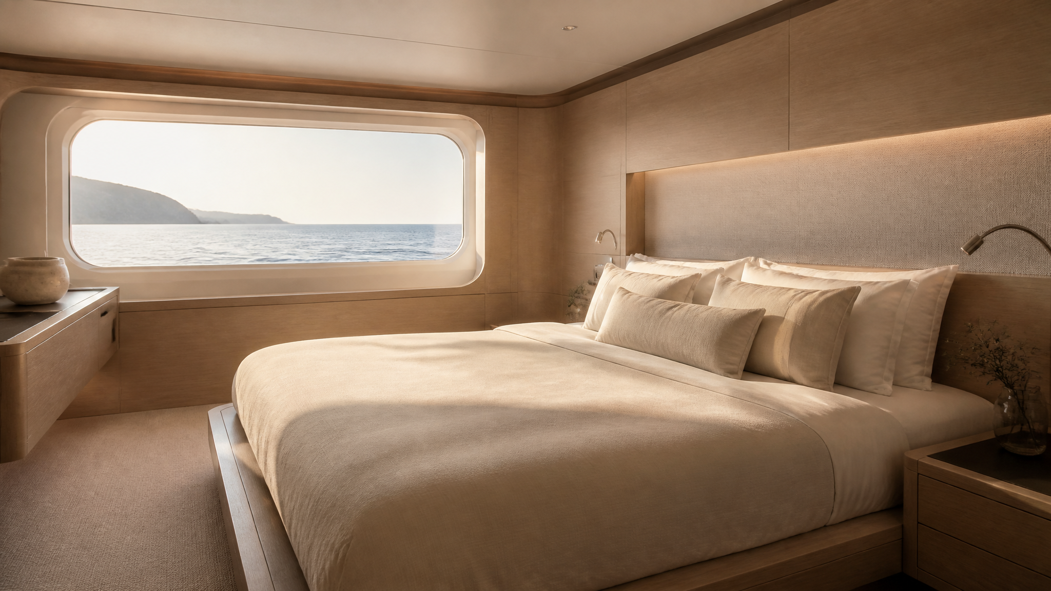 Master cabin of the Elysor 50 with hull window and sea view