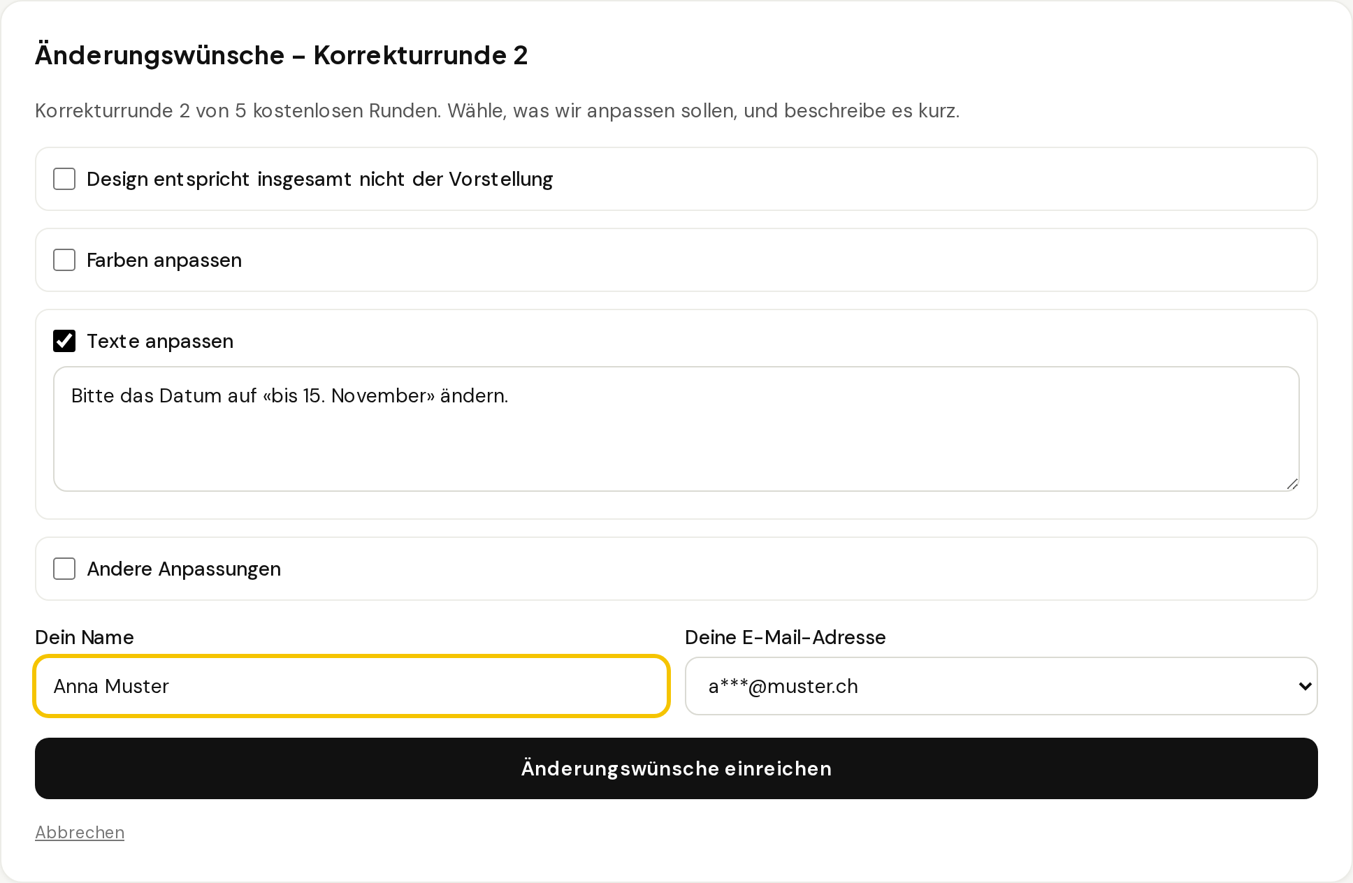 Bild 5: Änderungswünsche nach Kategorie angeben und kurz beschreiben.