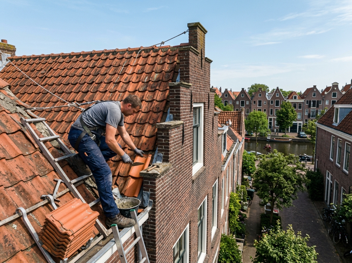 Roofing service on a Dutch style house