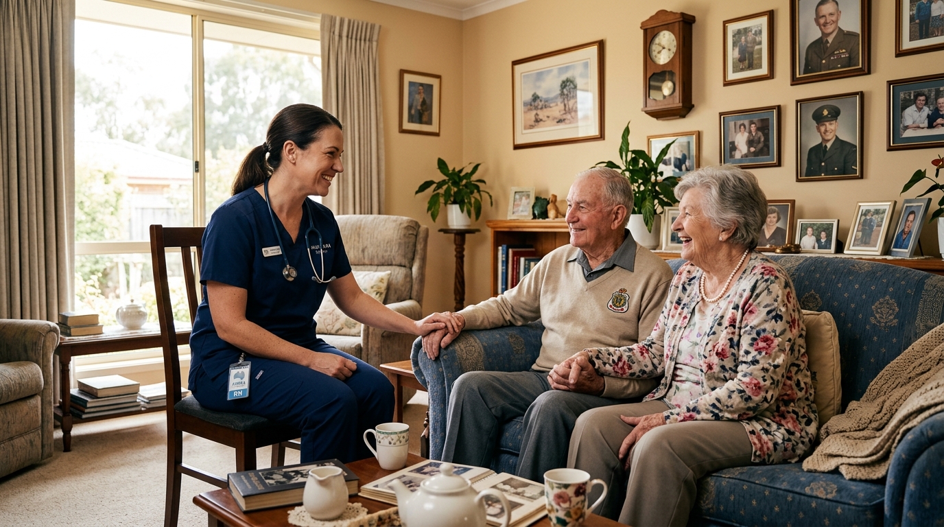 Nurse having a friendly conversation with veteran couple at home