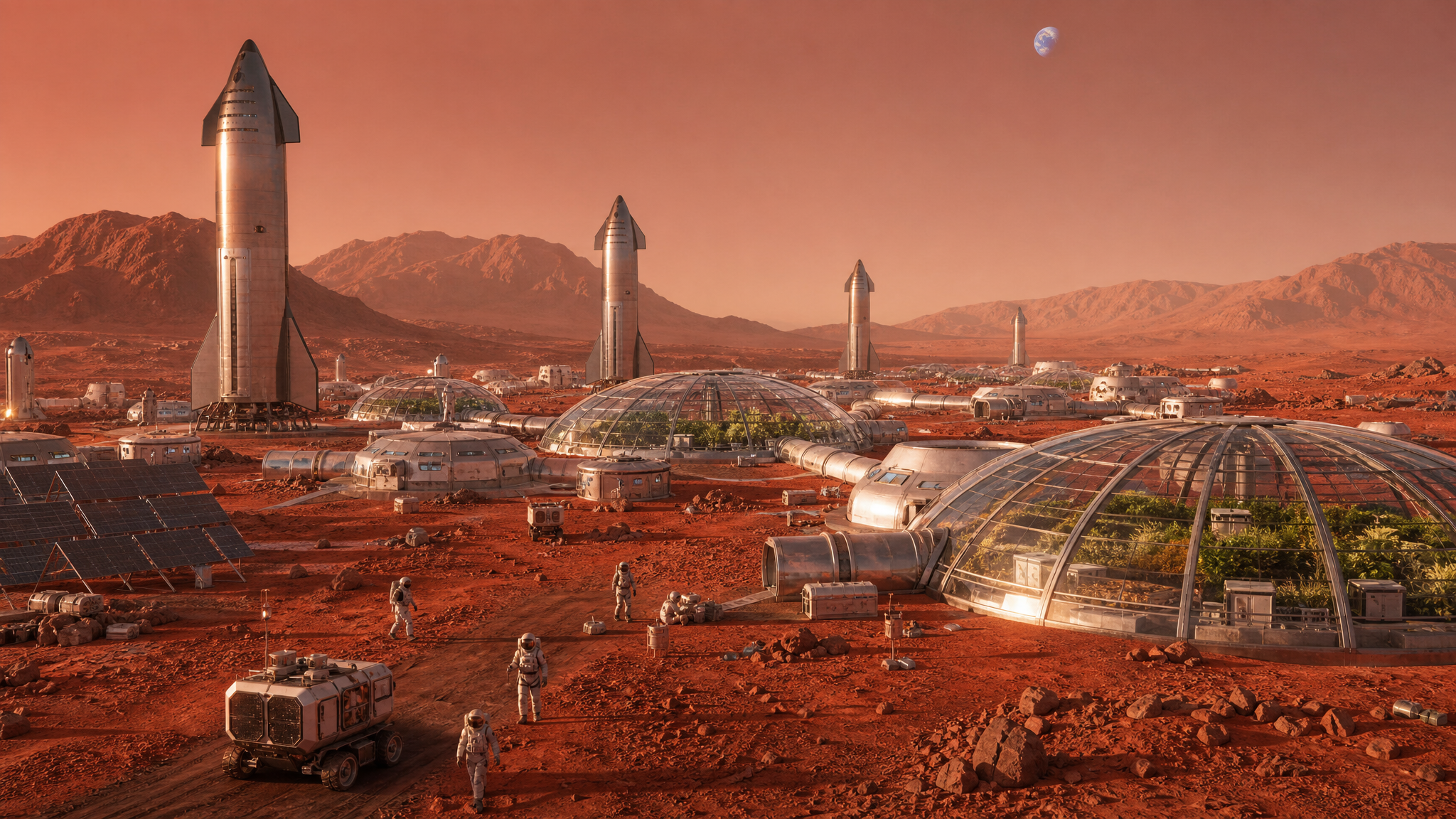 Koncept budoucí kolonie na Marsu se Starship raketami