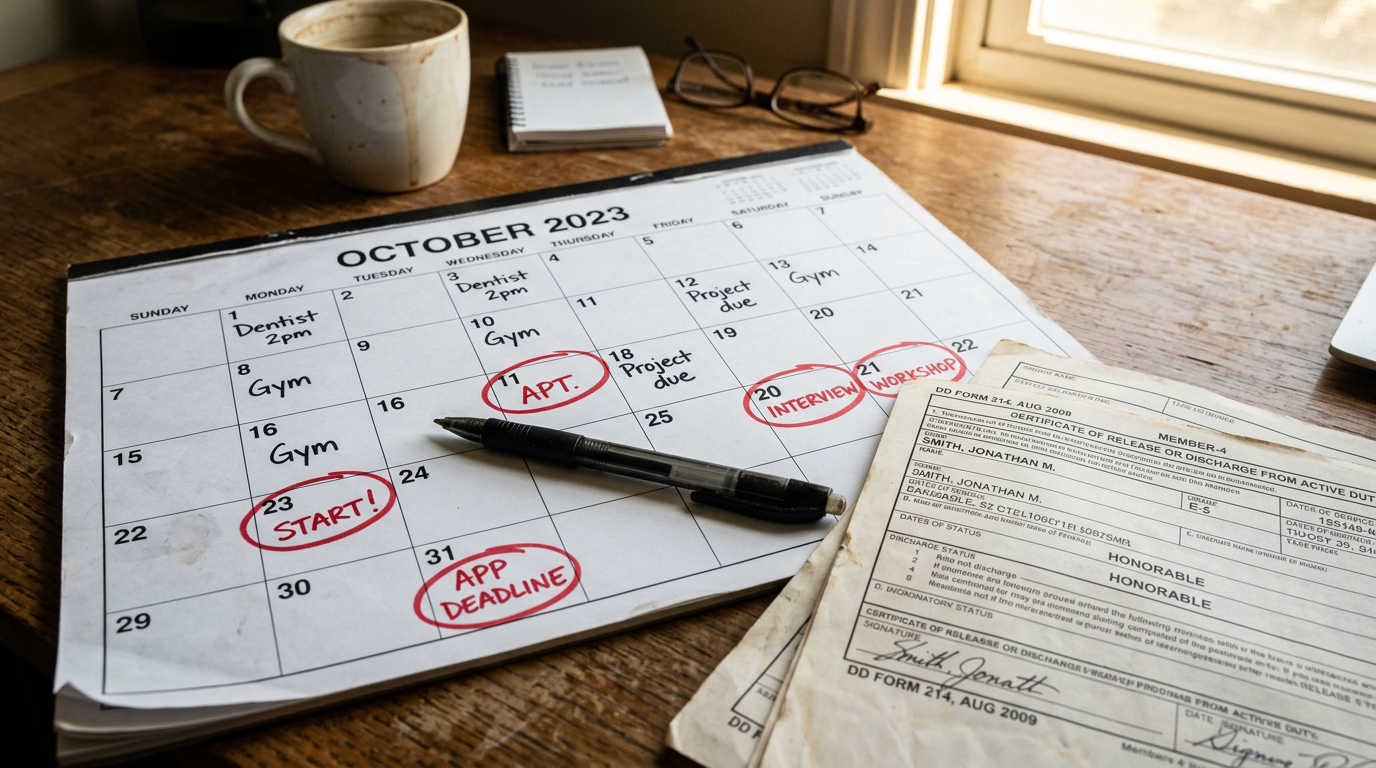 A claims planning desk with a wall calendar marking key filing dates, a DD-214 and VA forms laid out