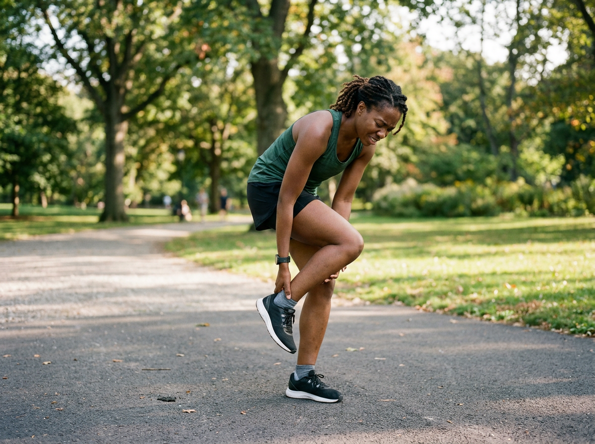 A Black woman veteran in athletic clothes in a park, stopped mid-jog and bending down to hold her ankle in pain
