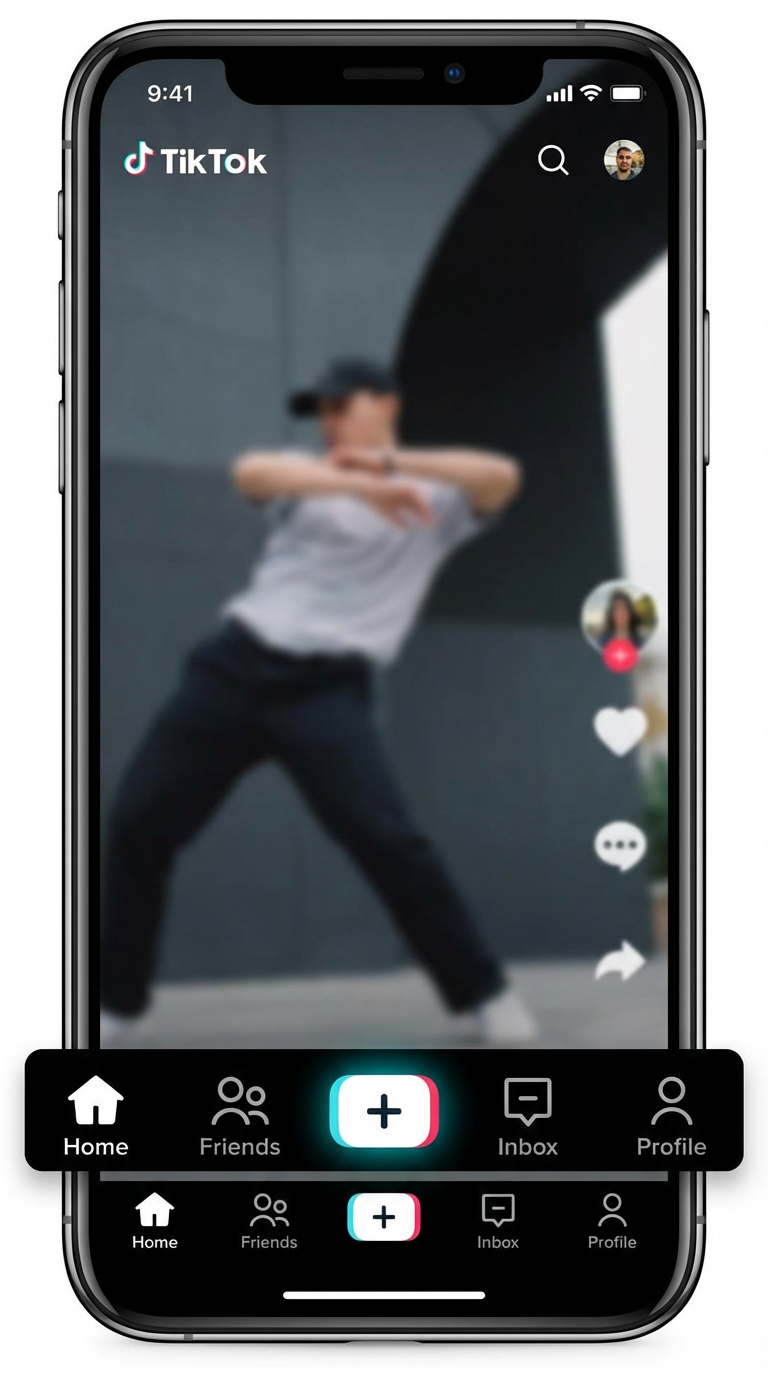 TikTok app bottom navigation showing the plus create button highlighted in cyan