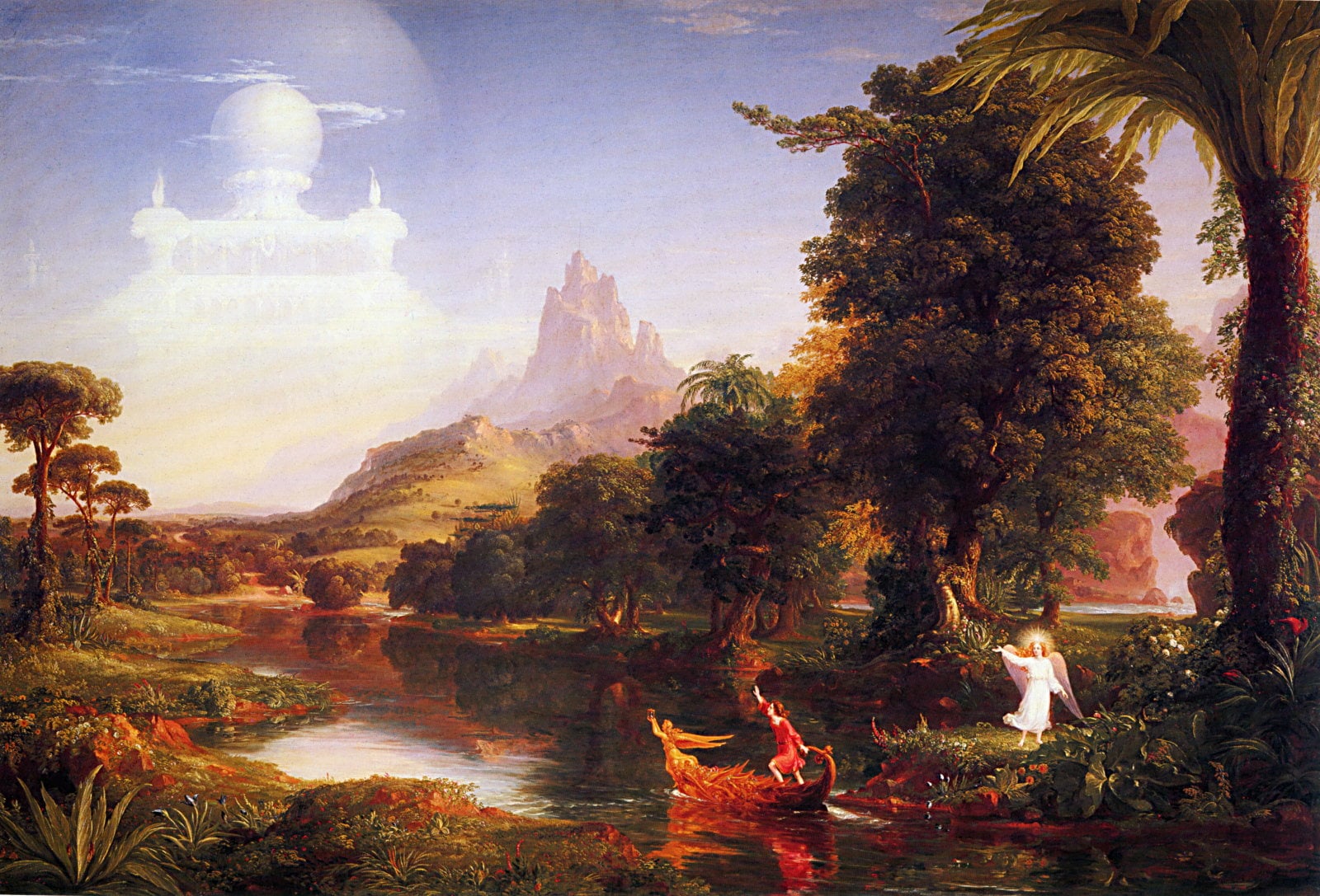 Thomas Cole, The Voyage of Life: Youth, a traveller in a boat setting out along a river toward a distant castle in the sky