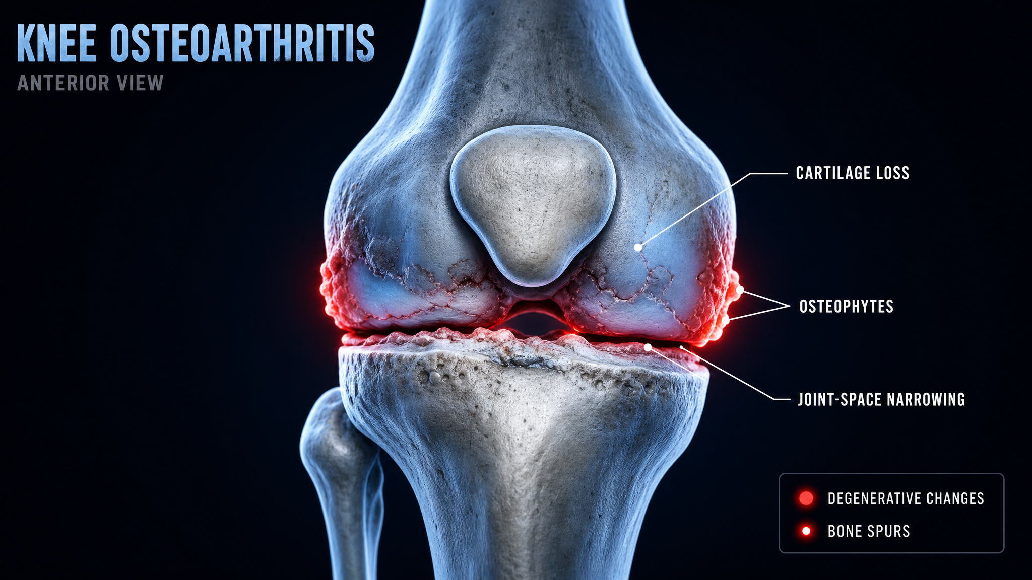 Anterior knee diagram showing degenerative arthritis with cartilage loss and osteophytes
