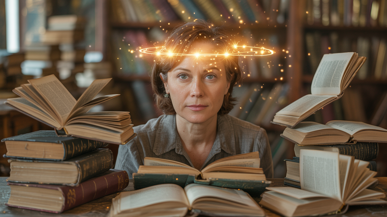 Žena srednjih godina za radnim stolom okružena knjigama i svetlosnim česticama koje simbolizuju mentalnu jasnoću i fokus. Mentalna jasnoća i fokus kao rezultat zadržavanja semena i duhovnog razvoja