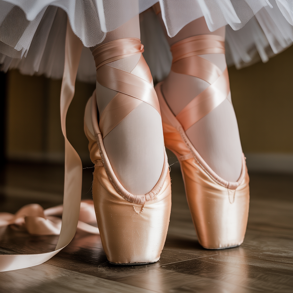 Close-up artistic shot of ballet pointe shoes with satin ribbons