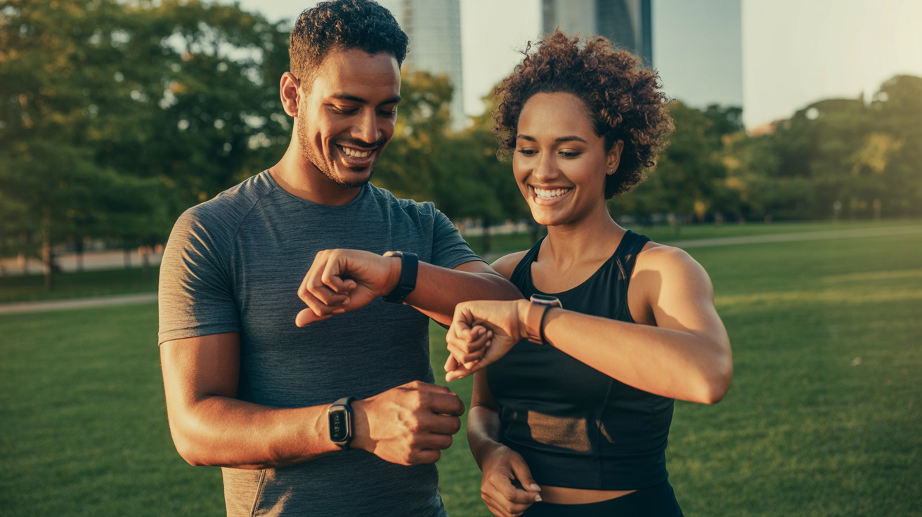 Couple tracking health together outdoors