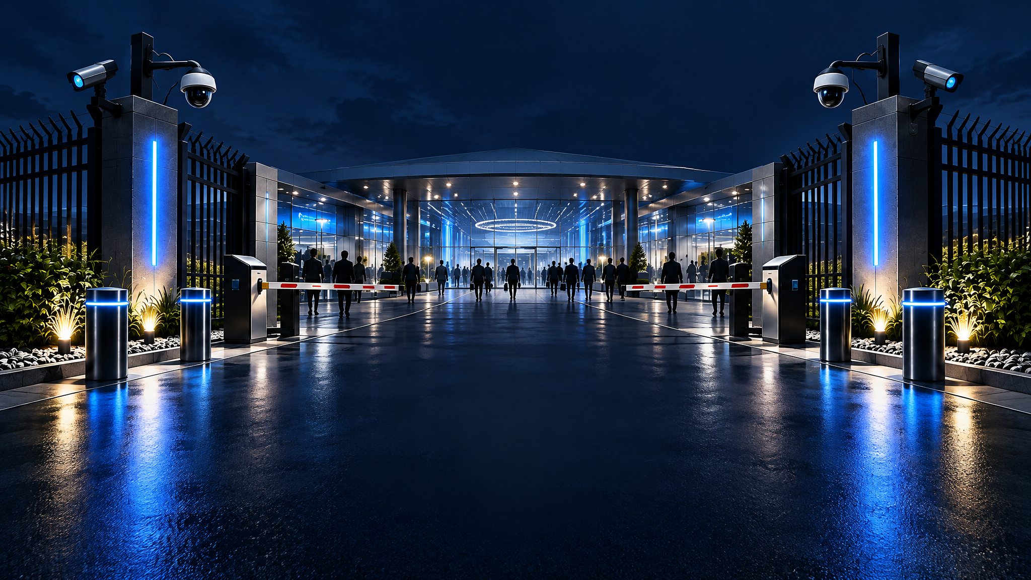 Gates, operators and access control equipment lit in blue at a security trade show