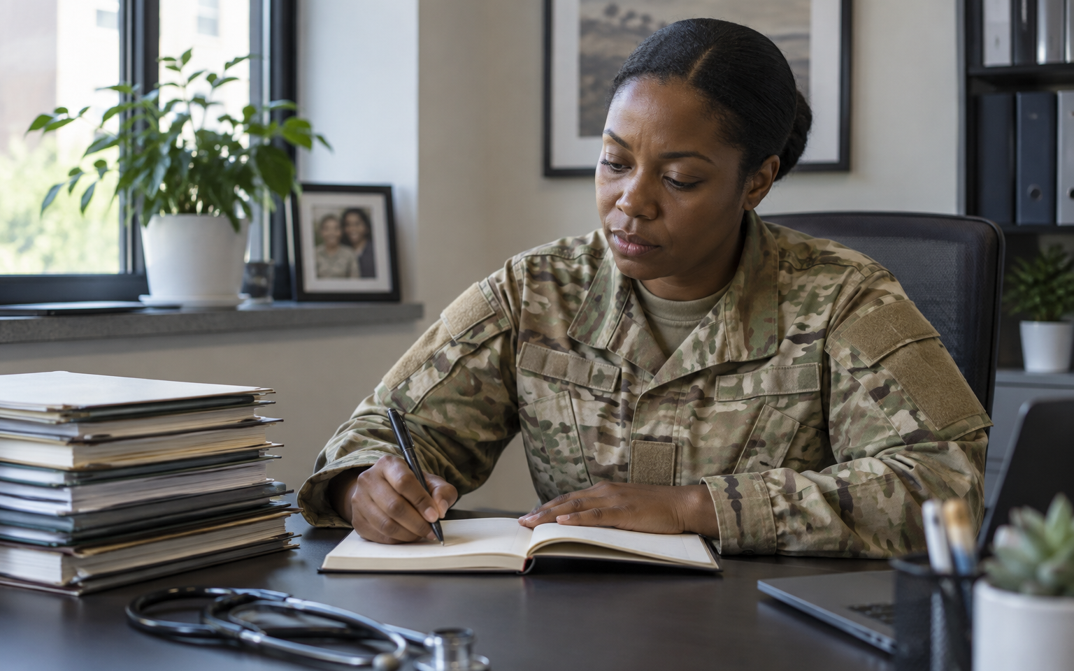 A woman veteran in an Army OCP uniform top writing in her symptom journal beside her medical records