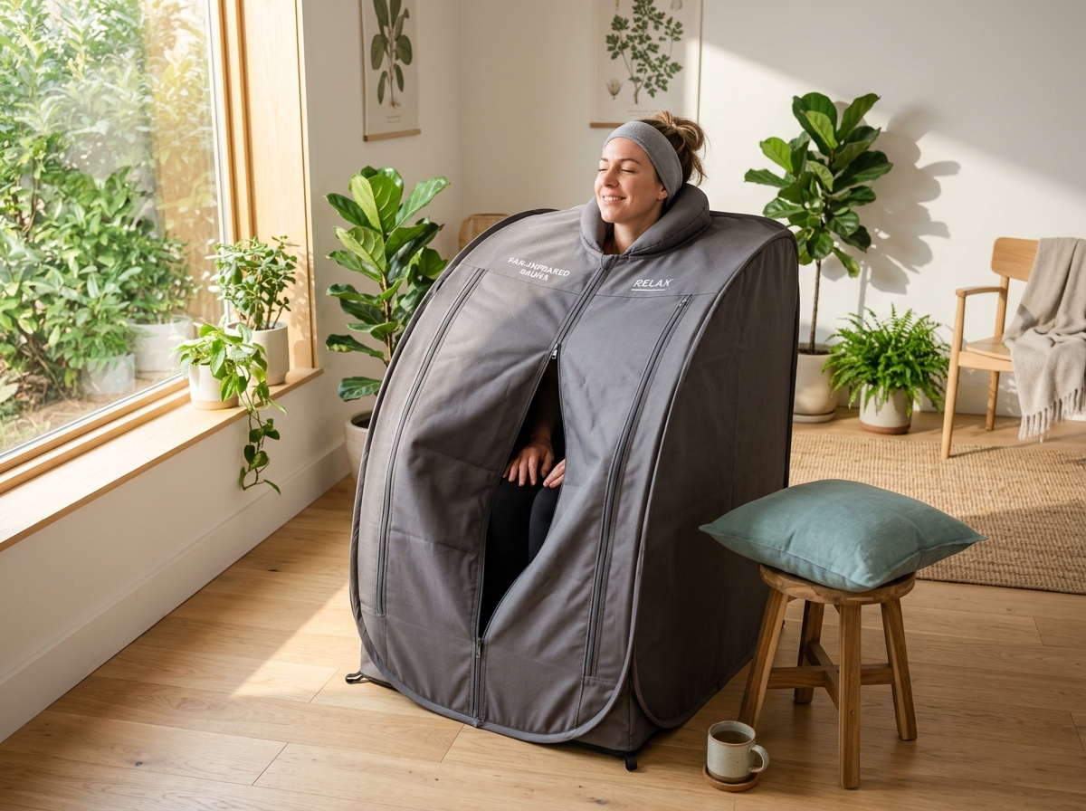 Far-infrared sauna in a calm, bright home wellness space