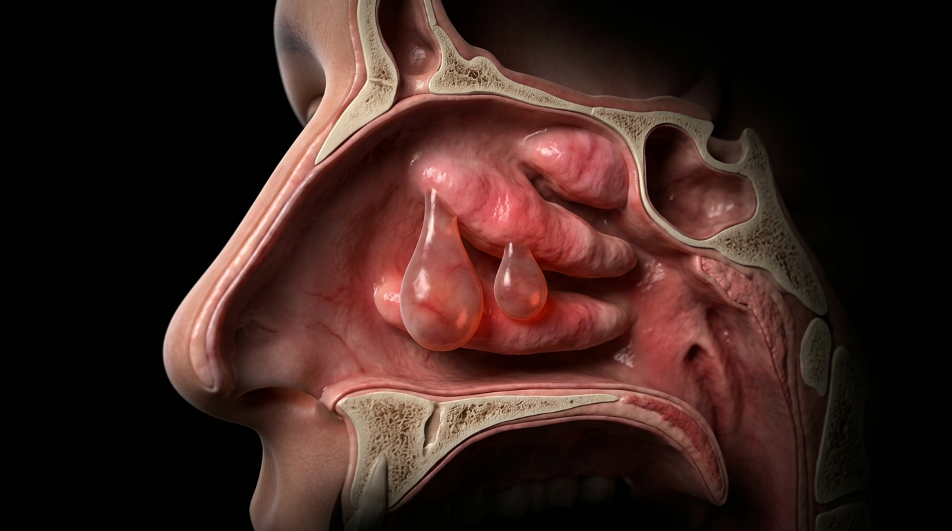 Three-dimensional medical illustration of a cross-section of the human nasal passages showing swollen turbinates and nasal polyps obstructing the airway against a black background