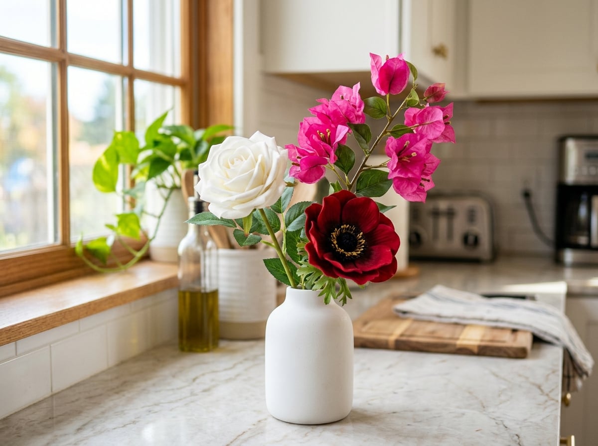 Beautiful arrangement of finished real touch foam flowers in a ceramic vase on a kitchen counter