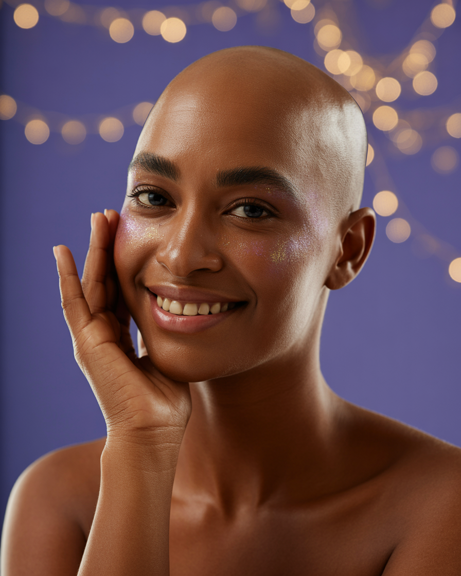 Smiling bald Black woman cancer patient gently touching her cheek, warm and empowered