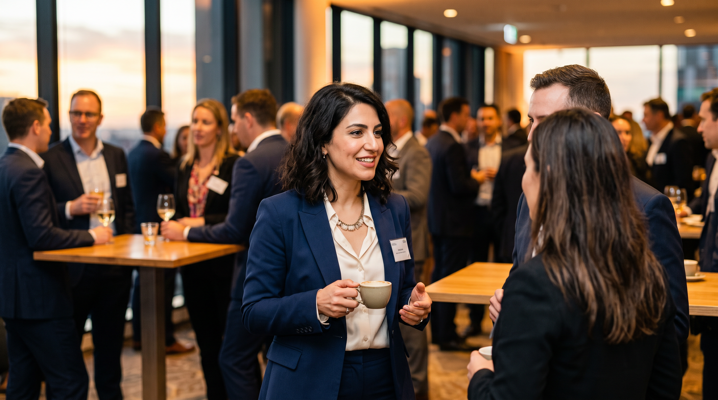 An Iranian-background professional woman networking at an Australian business event