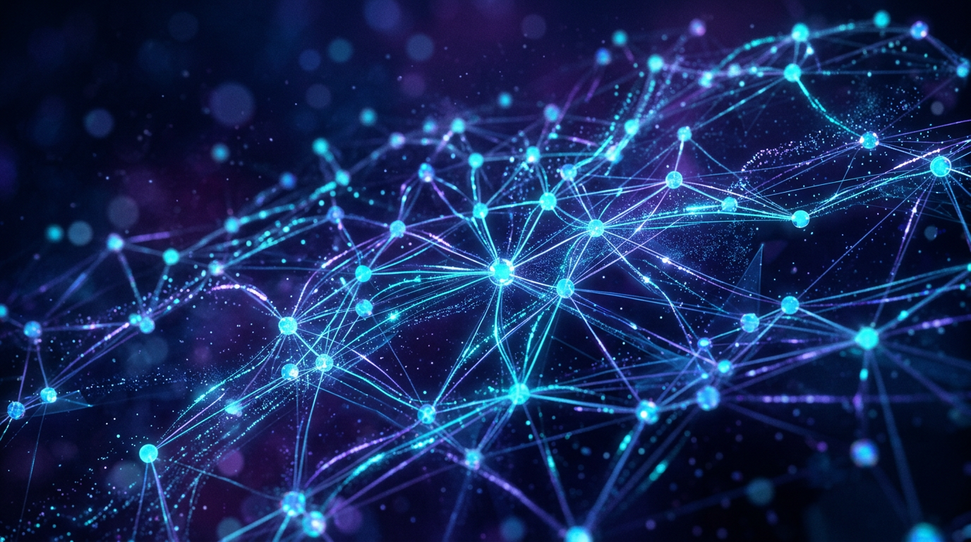 Futuristic neural network visualization with glowing blue and violet data nodes