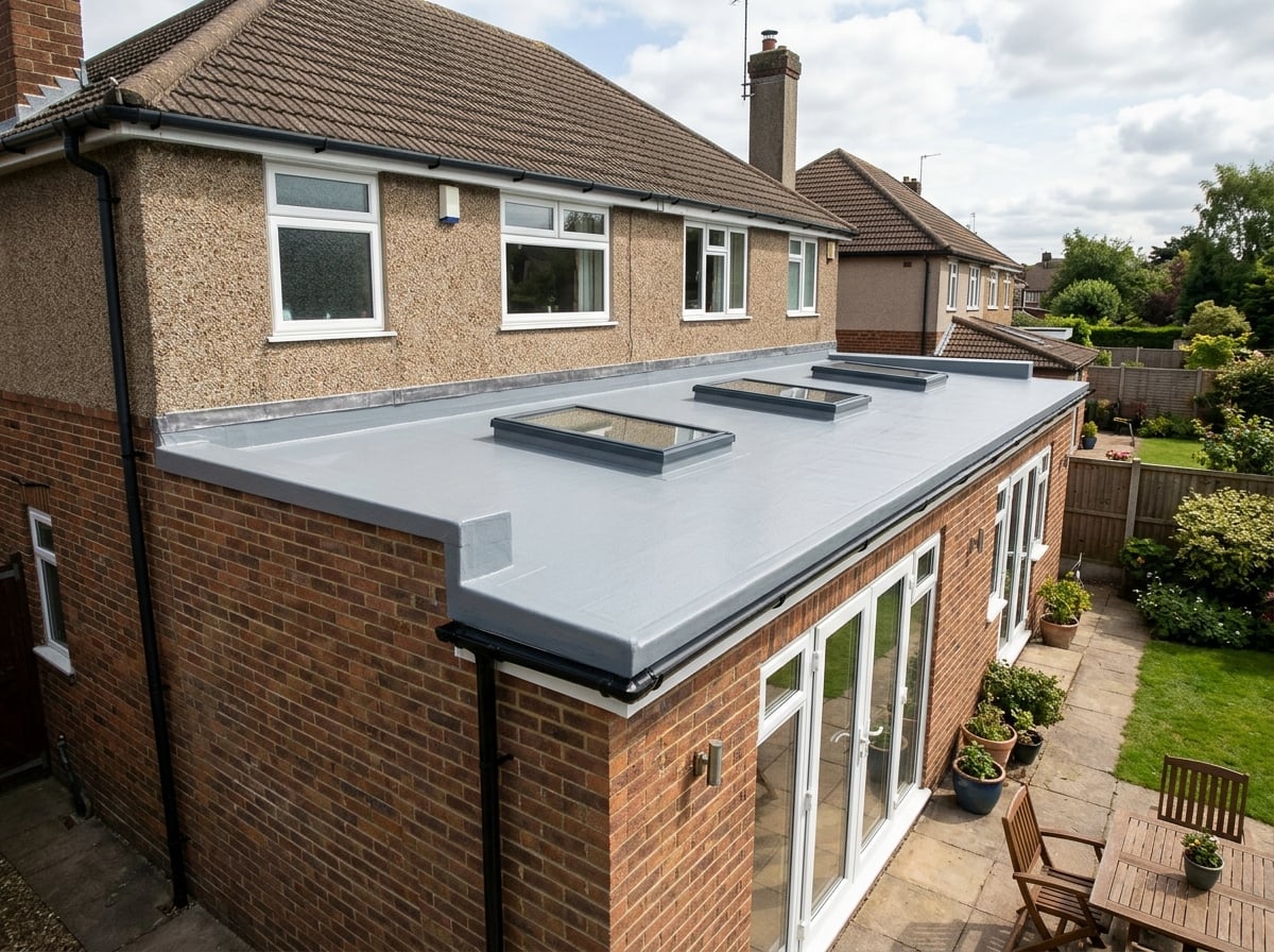 Grey GRP fibreglass flat roof on a UK extension