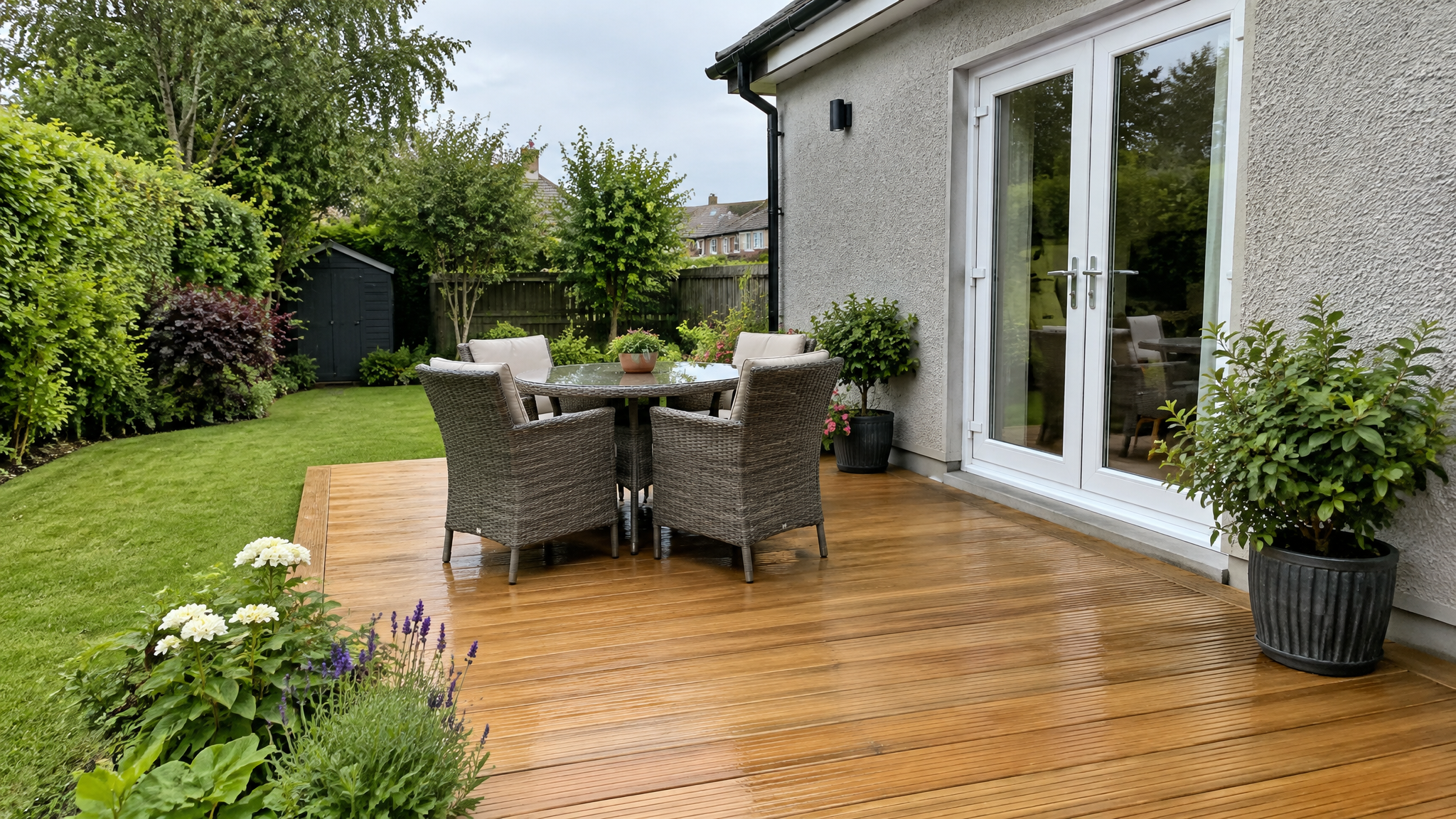 Clean timber decking in an Irish back garden